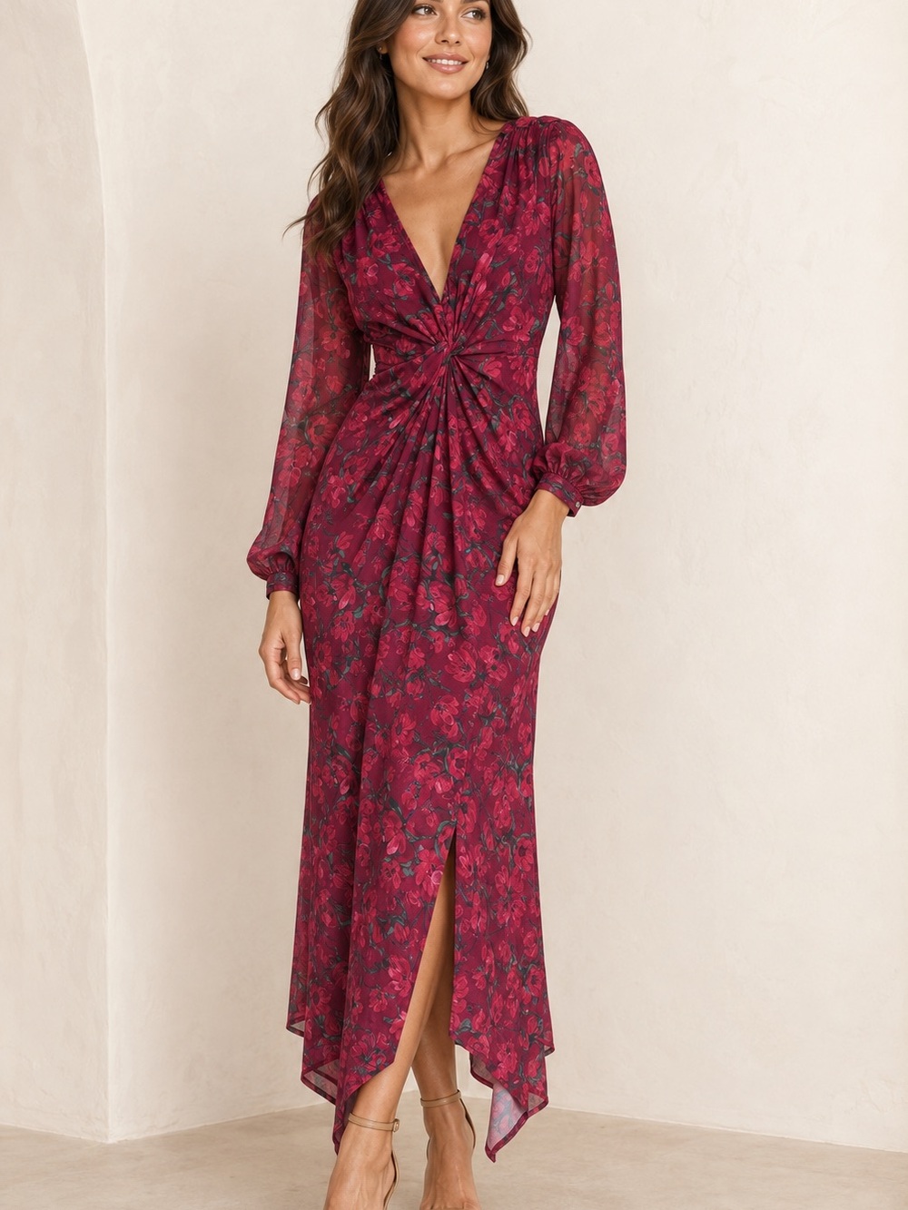 Twist-Front Burgundy Floral Maxi Dress